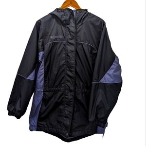 Packable Columbia Zip & Snap Front Mesh Lined Rain Jacket - Lavender & Navy Blue